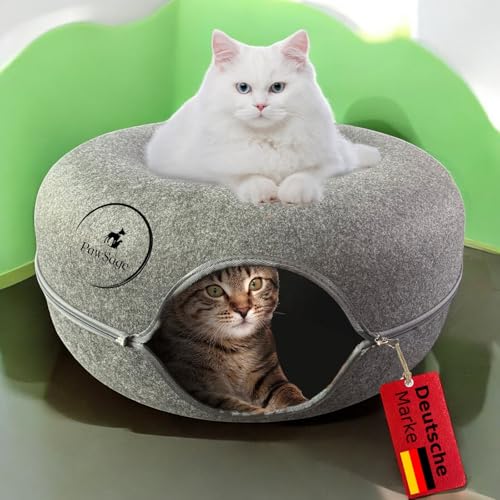 PAWSAGE Katzen-Donut XXL Katzenhöhle extra groß, 60x60x28cm Dunkelgrau, Katzenbett Katzendonut Katzenkörbchen Katze Cat, kuschelig und flauschig, Anti-Stress Katzenkissen Kuschelbett Katzentunnel von Paw Sage