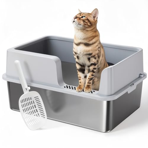 PawGiant Katzenklo Edelstahl XXL, Katzentoilette Hoher Rand, Metall Katzenklo für Große Katzen, Stainless Steel Cat Litter Box mit Katzenschaufel, Klebt Nicht, Geruchsfrei, Auslaufsicher von PawGiant