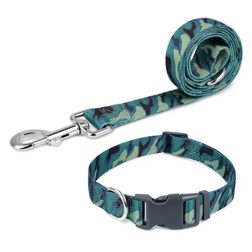 Pawhuggies Hundehalsband mit Muster, verstellbare Schnellverschluss-Schnallen aus Kunststoff und robuster D-Ring-Nylon-Leine, robust, langlebig, Grün Camo, Größe S Pawhuggies Hundehalsband mit Muster, verstellbare Schnellverschluss-Schnallen aus Kunststoff und robuster D-Ring-Nylon-Leine, robust, langlebig, Grün Camo, Größe S von PawHuggies