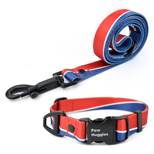 Pawhuggies Hundehalsband und Leine, Set mit Flaggenmuster, atmungsaktive Bambusfaser, verstellbares Hundehalsband und 122 cm lange Hundeleine für kleine Hunde, den täglichen Spaziergang von PawHuggies