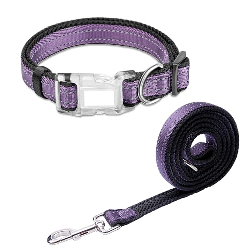 Pawhuggies Reflektierendes Hundehalsband-Leinen-Set, 1,2 m, mit Griff mit O-Ring, für den täglichen Spaziergang im Freien, für kleine, mittelgroße und große Hunde, Violett von PawHuggies