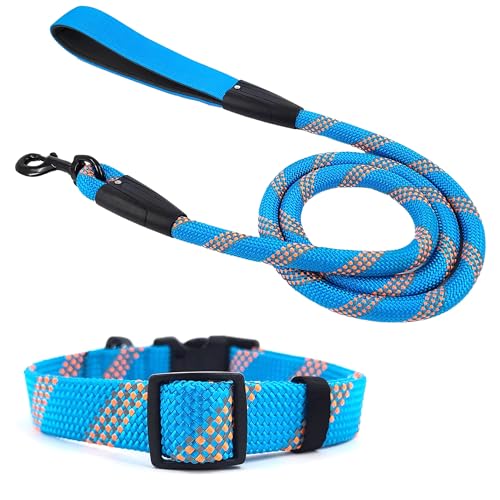 Pawhuggies Reflektierendes Hundehalsband und Leine, verstellbar, gepolstert, für Welpen, atmungsaktives Nylon-Halsband für Hunde, 1,5 m Nylon, flache Hundeleine, Blau, Größe L von PawHuggies