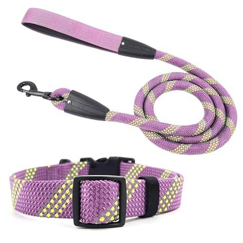 Pawhuggies Reflektierendes Hundehalsband und Leine, verstellbar, gepolstert, für Welpen, atmungsaktives Nylon-Halsband für Hunde, 1,5 m Nylon, flache Hundeleine, Lila, Größe L von PawHuggies