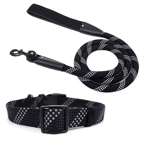 Pawhuggies Reflektierendes Hundehalsband und Leine, verstellbar, gepolstert, für Welpen, atmungsaktives Nylon-Halsband für Hunde, 1,5 m Nylon, flache Hundeleine, Schwarz, Größe L von PawHuggies