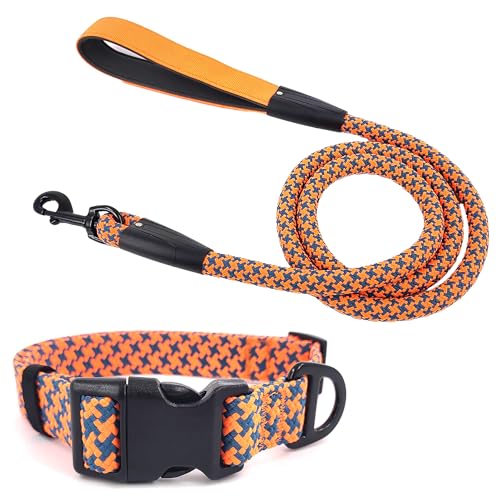 Pawhuggies Reflektierendes Hundehalsband und Leine, verstellbar, gepolstert, für Welpen, atmungsaktives Nylon-Halsband für Hunde, 152 cm, flach, orangefarbenes Karomuster, Größe L von PawHuggies