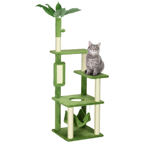 PawHut 142 cm großer Katzenkratzbaum Indoor-Katzenturm mit Sisalpfosten Plattformen Hängematte Blätter und Spielzeugball 49x49x142 cm Grün von PawHut