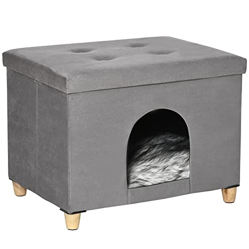 PawHut 2-IN-1 Katzenhöhle Fußhocker mit Kissen Holzbeine Katzenhaus Katzenkorb weich gepolstert Ottomane Elegantes Design abnehmbar MDF Plüsch Grau 60 x 45 x 44,5 cm von PawHut