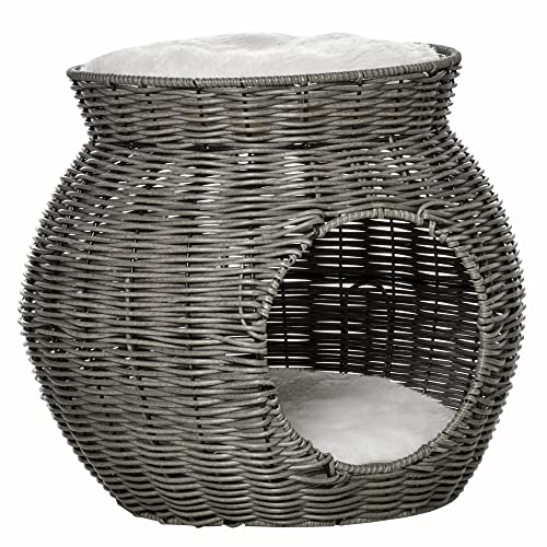 PawHut 2 Levels Rattan PE Cat Kennel, Katzenhaus und Katzenkorb mit waschbaren Plüschkissen, Φ50x43.5cm, Dunkelgrau von PawHut