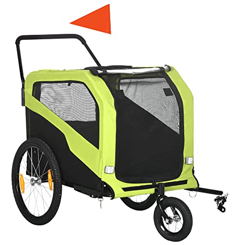 PawHut 2-in-1 Hundeanhänger, Fahrradanhänger für Hunde, Hundewagen mit Reflektoren, Hundebuggy max. 30 kg, Hundefahrradanhänger für Große Hunde, Oxford-Gewebe, Grün von PawHut