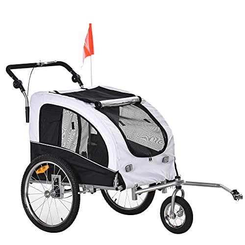 PawHut 2 in 1 Hundeanhänger Jogger Fahrradanhänger Hunde Hunde-Fahrradanhänger Weiß+Schwarz 155 x 83 x 108 cm von PawHut