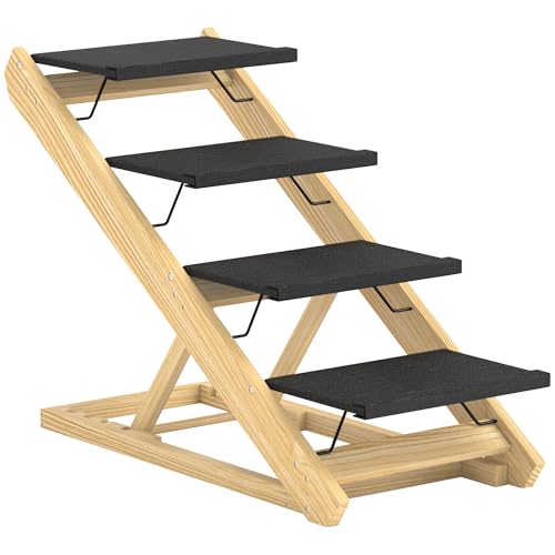 PawHut 2 in 1 Hundetreppe 4-stufige 62,5 cm Höhenverstellbar Haustiertreppe Klappbar Hunderampe mit Rutschfester Oberfläche für Bett, Sofa, große Hunde bis 40 kg, Katze, Natur von PawHut