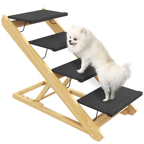 PawHut 2 in 1 Hundetreppe 4-stufige 62,5 cm Höhenverstellbar Haustiertreppe Klappbar Hunderampe mit Rutschfester Oberfläche für Bett, Sofa, große Hunde bis 40 kg, Katze, Natur von PawHut