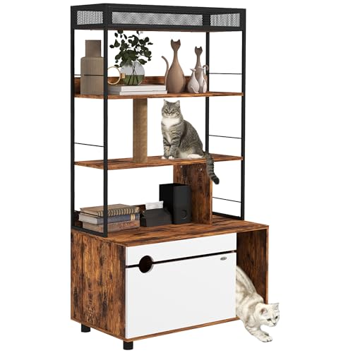 PawHut 2-in-1 Katzenklo Schrank, Katzenklo mit 3-Ebenen-Regal, Kratzpfosten, Klapptür, Katzenhaus für Katze unter 6 kg, 80 x 48 x 152 cm, Rustikal-Braun von PawHut