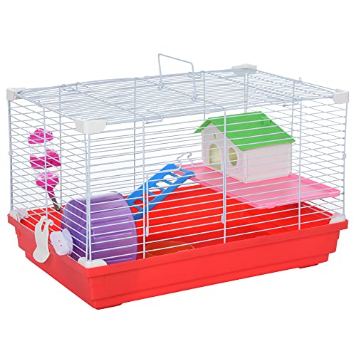 PawHut 2-stöckiger Hamsterkäfig aus Metall und PP mit Haus, Wassertank, Laufrad und Untersetzern, 47x30x27 cm, rot und weiß von PawHut