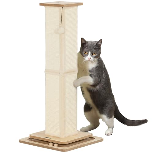 PawHut 3-in-1 Kratzstamm, 87cm Kratzsäule, Sisal-Katzenkratzbaum mit Spielball, Kratzbaum für Katzen, Katzen Kratzmöbel, Indoor, Eiche von PawHut