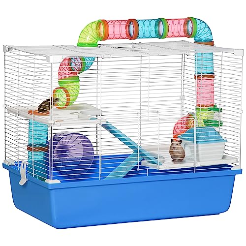 PawHut 3-stöckiger Hamsterkäfig, kleines Hamsterhaus mit Röhren, Kiste, Wassertank und Hamsterrad, 59x36x47 cm, blau und weiß von PawHut