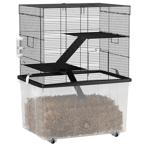 PawHut 3-stöckiger Hamsterkäfig mit 31 cm tiefem Boden und Rädern, Gerbilhaus mit Rampen, Napf, Flasche, 58x43x74 cm, Schwarz von PawHut