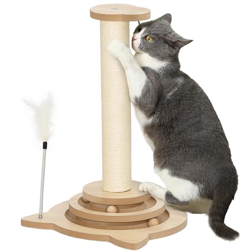 PawHut 4-in-1 Kratzstamm, 49cm Kratzsäule, Sisal-Katzenkratzbaum mit Spielball, Kratzbaum für Katzen, Katzen Kratzmöbel, Indoor, Eiche von PawHut