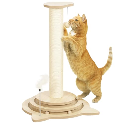 PawHut 4-in-1 Kratzstamm, 69cm Kratzsäule, Sisal-Katzenkratzbaum mit Spielball, Kratzbaum für Katzen, Katzen Kratzmöbel, Indoor, Eiche von PawHut