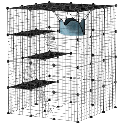 PawHut 4-lagiger modularer Katzenkäfig mit 3 Sprungtürmen, Rampen und 5 Türen, Katzenhaus mit Hängematte und rutschfesten Matten aus Stahl und PP, für 1-3 Katzen, 105x105x140 cm, Schwarz von PawHut