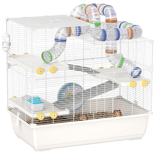 PawHut 4-stöckiger Hamsterkäfig mit Röhren, Rad, 3 Türen und Tablett, Metall Hamsterkäfig, PP und PS, 78x45x73 cm, Weiß von PawHut