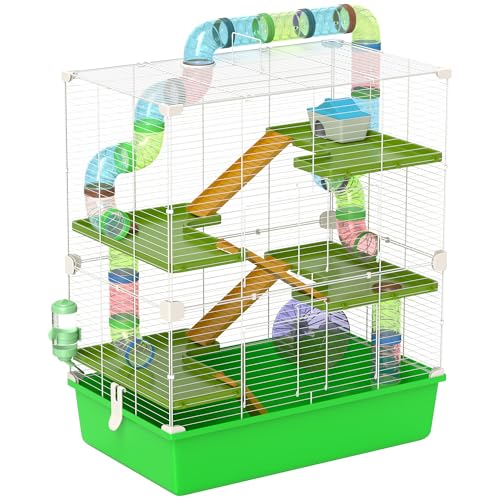 PawHut 5-stöckiger Hamsterkäfig mit Röhren, Haus, Wassertank, Rampen, Schüssel, Plattformen und Rad, Nagetierkäfig mit 2 Stahlgriffen, PP und PS, 59x36x69 cm, Grün von PawHut