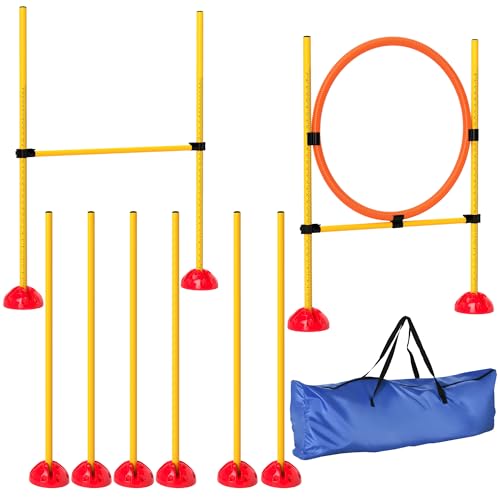 PawHut Agility Set Hunde 3-teiliges befüllbar Agility-Ausrüstung für Hundetraining Steckhürdenset mit Slalomstangen höhenverstellbar Hürden Sprungring Koordinationstraining für Spiele Training von PawHut