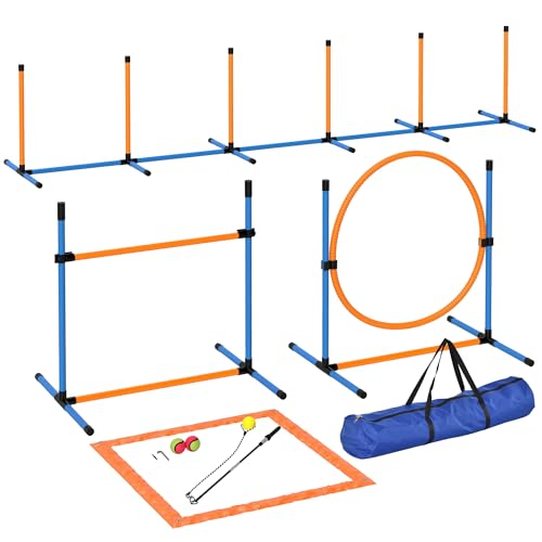 PawHut Agility Set Hunde 9-teilig Agility-Ausrüstung für Hundetraining Steckhürdenset mit Slalomstangen Sprunghoop 2 Bälle höhenverstellbar Hürden Koordinationstraining für Spiele Training von PawHut