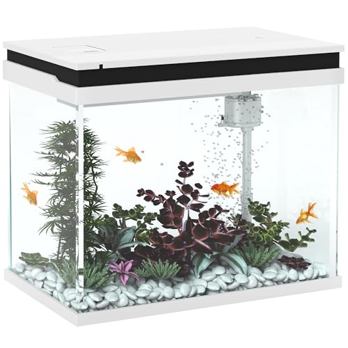 PawHut Aquarium, 41 Liter Glas-Aquarium mit Filtersystem, LED-Lichtern, Wasserpumpe, Kompaktes Aquarium für Verschiedene Fischarten, Weiß von PawHut