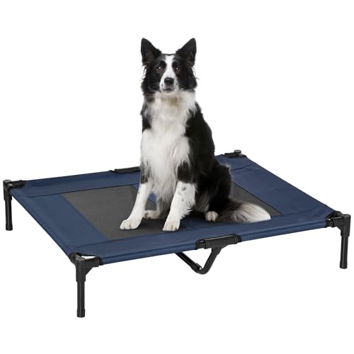 PawHut Bett auf Füßen Hundebett Katzenbett Feldbett Hochbett Tiere hoher Komfort Oxford-Gewebe Textilene mikroperforiert Metall 92L x 76l x 18H cm blau von PawHut