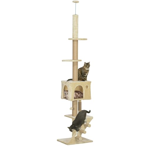 PawHut Boden bis zur Decke Kratzbaum 225-265 cm Katze Kratzbaum mit Einstellbarer Höhe mehrere Plattformen Leiter hängenden Ball Beige von PawHut