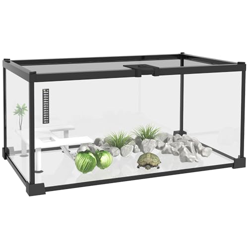 PawHut Box für Reptilien Schildkrötenaquarium Habitat de Terrarium Schiebedeckel Metallgitter Thermometer Plattform mit Rampe, dekorative Kokospalmen und Futterstation inklusive Glas von PawHut