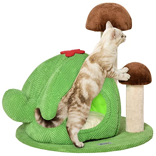 PawHut Cactus Shaped Adult Cat and Kitten Scratching Tree, Katzenkratzbaum mit Sisalpfosten und Kissen, 52cm hoch, Multicolour von PawHut