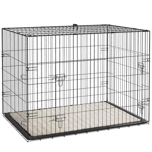 PawHut Cage Faltbare Transportkiste für Hunde Griff, abnehmbares Tablett, mitgeliefertes Kissen 91 x 62 x 68 cm schwarz von PawHut