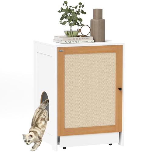 PawHut Cat Litter Box Katzentoilette mit herausnehmbaren Fächern Rädern und Kratzmatte Katzenklo 57x50x80,5 cm Weiß und Eiche von PawHut