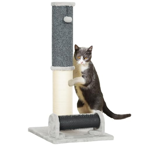 PawHut Cat Scratching Post 85 cm Katzenkratzbaum mit Sisal Sisal-Selbsttrimm-Bürste und grau-cremefarbenem Spielzeugball von PawHut