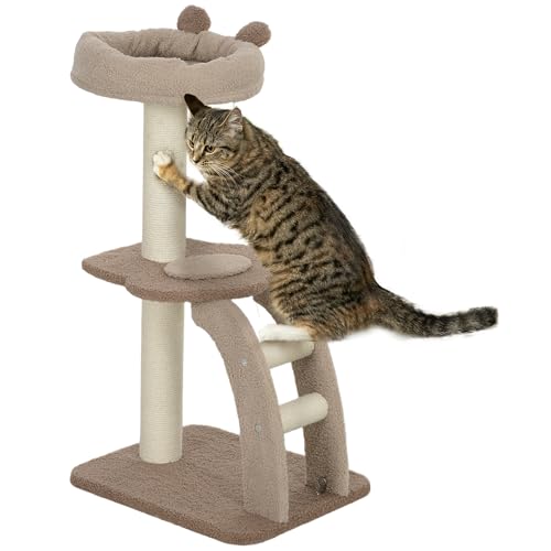 PawHut Cat Scratching Tree Höhe 88 cm Kratzbaum Katzenturm mit Nistplattformen Hängekugel-Leiter und Sisalpfosten Braun von PawHut