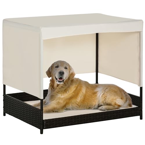 PawHut Erhöhtes Bett für Hunde und Katzen, mit Kissen und Sonnendach, abnehmbar, für den Innen- und Außenbereich, Maße: 91 x 71 x 81 cm (L x B x H), Polyrattan von PawHut