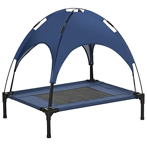 PawHut Erhöhtes Hundebett, kühlend, erhöhtes Haustierbett, UV-Schutz, Baldachin, 76 cm, Blau von PawHut