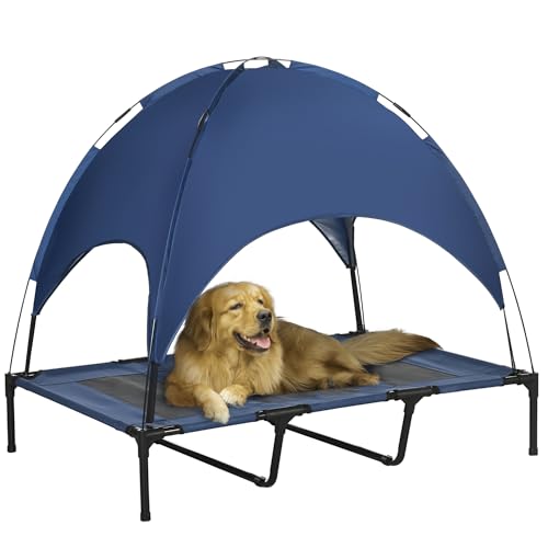 PawHut Erhöhtes Hundebett mit Baldachin, Haustierbett, Hundeliege Outdoor mit Dach, Atmungsaktiv, Taftstoff für Camping Dunkelblau 122 x 92 x 108 cm von PawHut