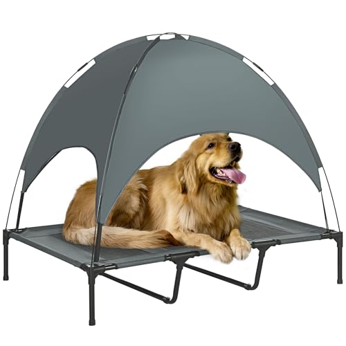 PawHut Erhöhtes Hundebett mit Baldachin, Haustierbett, Hundeliege Outdoor mit Dach, Atmungsaktiv, Taftstoff für Camping Grau 122 x 92 x 108 cm von PawHut