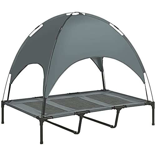 PawHut Erhöhtes Hundebett mit Baldachin, Haustierbett, Hundeliege Outdoor mit Dach, Atmungsaktiv, Taftstoff für Camping Grau 122 x 92 x 108 cm von PawHut