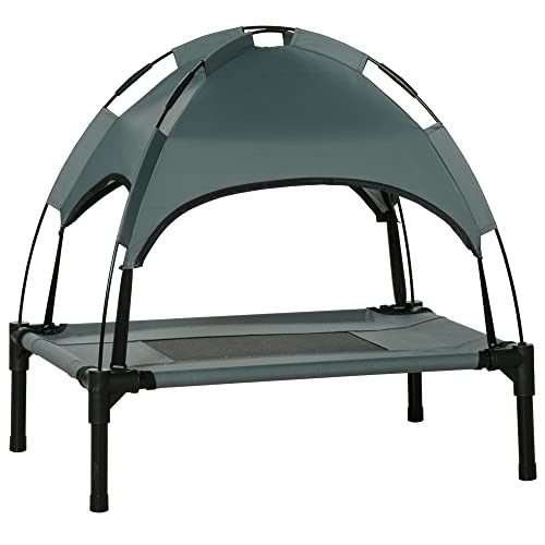 PawHut Erhöhtes Hundebett mit Baldachin, Haustierbett, Hundeliege Outdoor mit Dach, Atmungsaktiv, Taftstoff für Camping Grau 61 x 46 x 62 cm von PawHut