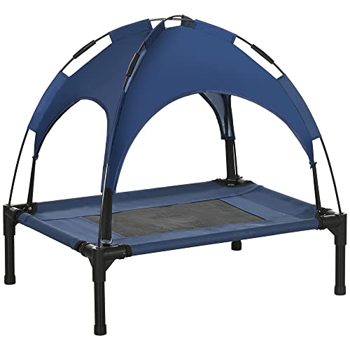 PawHut Erhöhtes Hundebett mit Baldachin, Haustierbett, Hundeliege Outdoor mit Dach, Atmungsaktiv, Taftstoff für Camping Dunkelblau 61 x 46 x 62 cm von PawHut