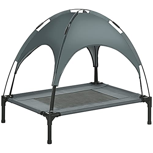 PawHut Erhöhtes Hundebett mit Baldachin, Haustierbett, Hundeliege outdoor mit Dach, Atmungsaktiv, Taftstoff für Camping Grau 76 x 61 x 73 cm von PawHut