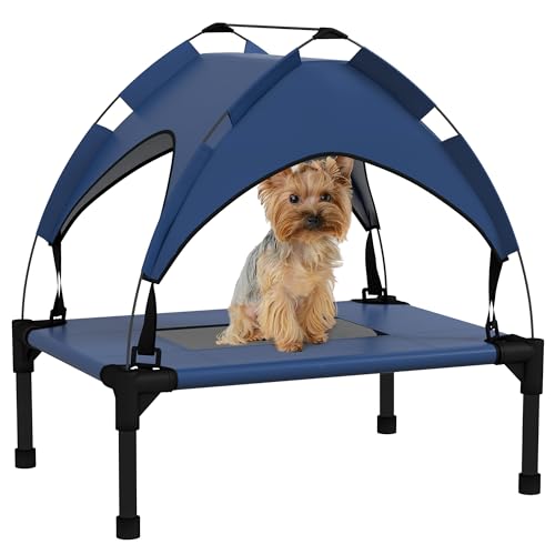 PawHut Erhöhtes Hundebett mit Baldachin, Haustierbett, Outdoor Hundeliege mit Dach, Atmungsaktiv, für Mini- und Kleinhunde Dunkelblau Oxford 61 x 46 x 63 cm von PawHut