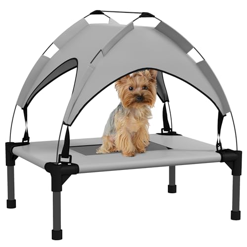 PawHut Erhöhtes Hundebett mit Baldachin, Haustierbett, Outdoor Hundeliege mit Dach, Atmungsaktiv, für Mini- und Kleinhunde Hellgrau Oxford 61 x 46 x 63 cm von PawHut