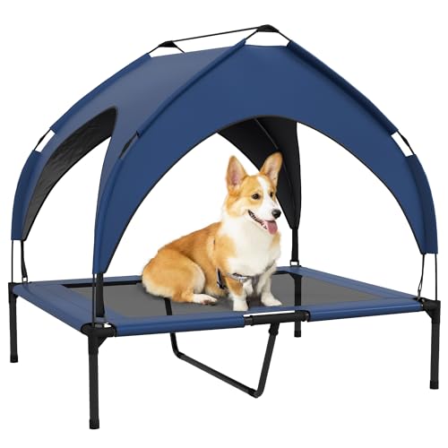 PawHut Erhöhtes Hundebett mit Baldachin, Haustierbett, Outdoor Hundeliege mit Dach, Atmungsaktiv, für große Hunde Dunkelblau Oxford 91 x 76 x 89 cm von PawHut