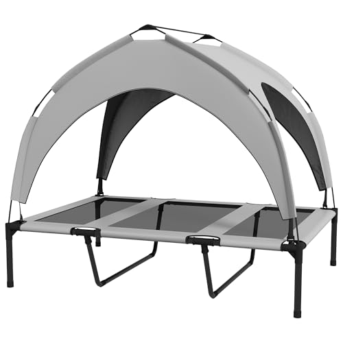 PawHut Erhöhtes Hundebett mit Baldachin, Haustierbett, Outdoor Hundeliege mit Dach, Atmungsaktiv, für Mini- und Kleinhunde Hellgrau Oxford 106 x 76 x 94 cm von PawHut