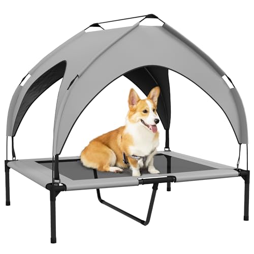 PawHut Erhöhtes Hundebett mit Baldachin, Haustierbett, Outdoor Hundeliege mit Dach, Atmungsaktiv, für große Hunde Hellgrau Oxford 91 x 76 x 89 cm von PawHut